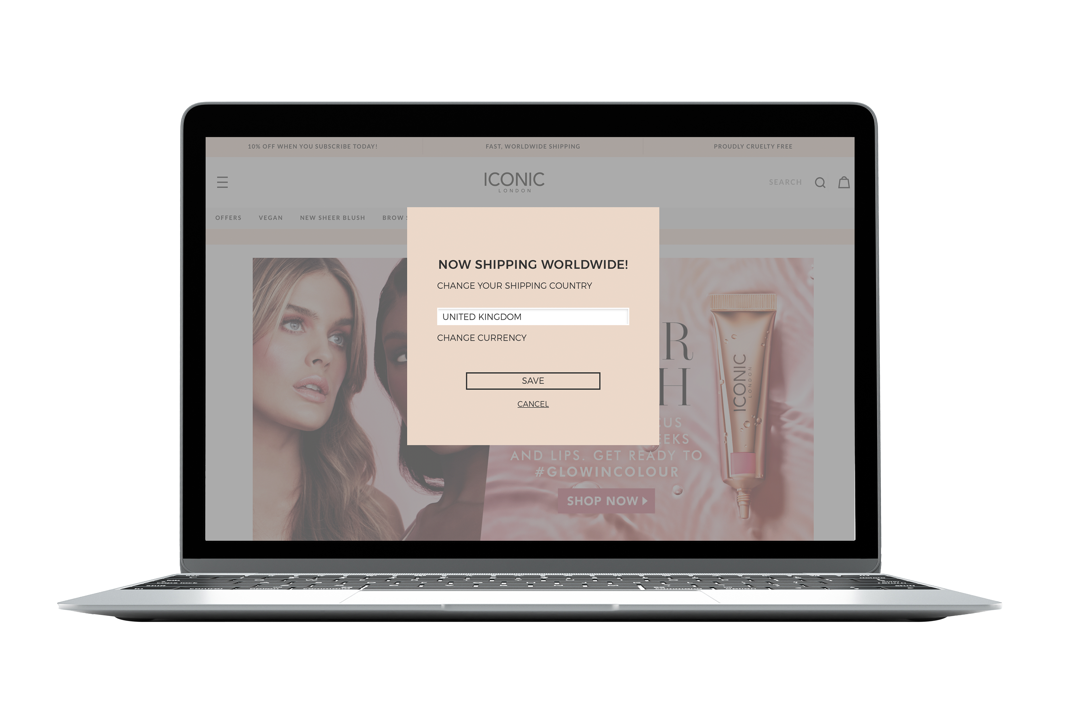 laptop on iconic london website pop up shipping wordwide